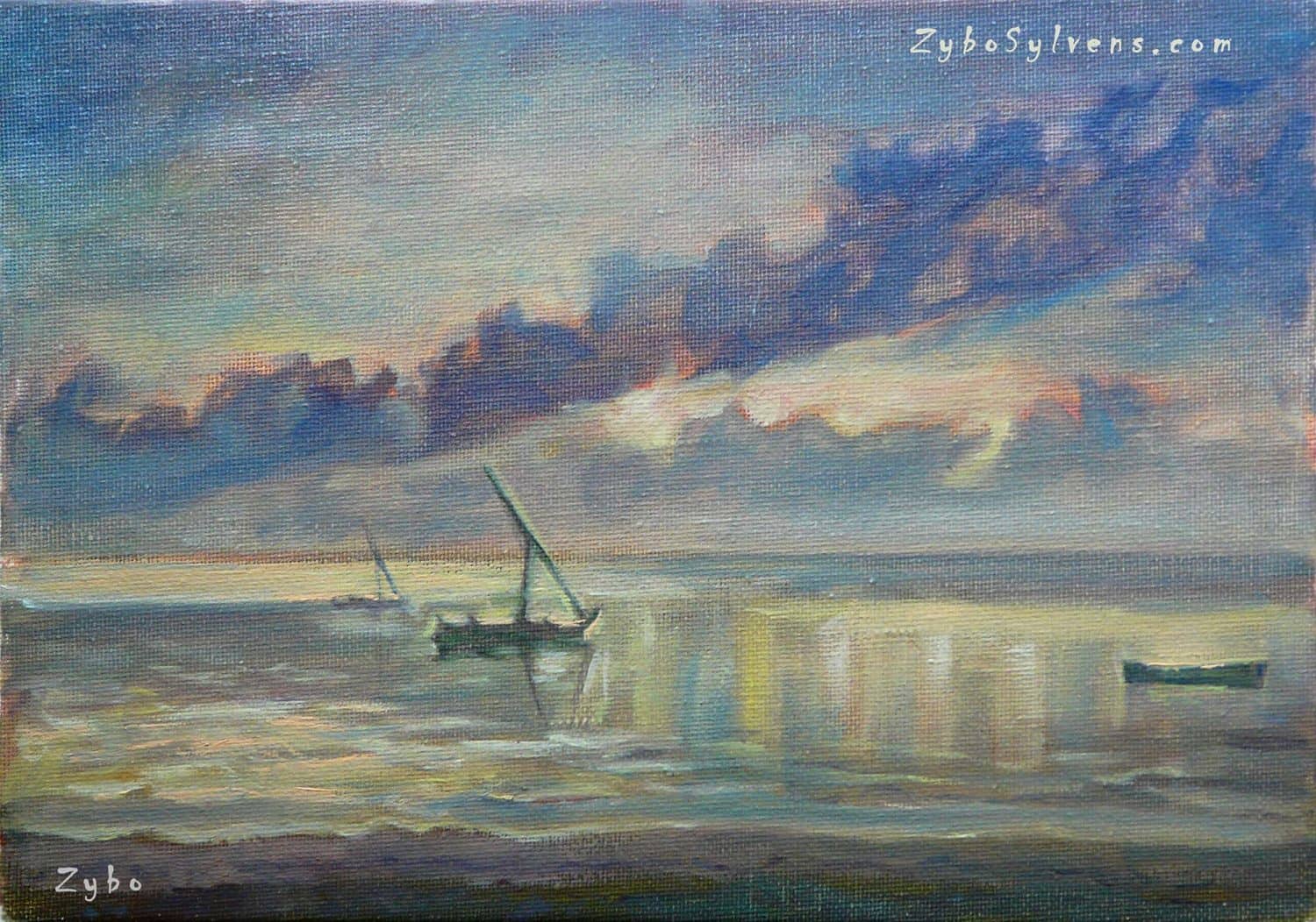 Morning Fishing, Oil on canvas board